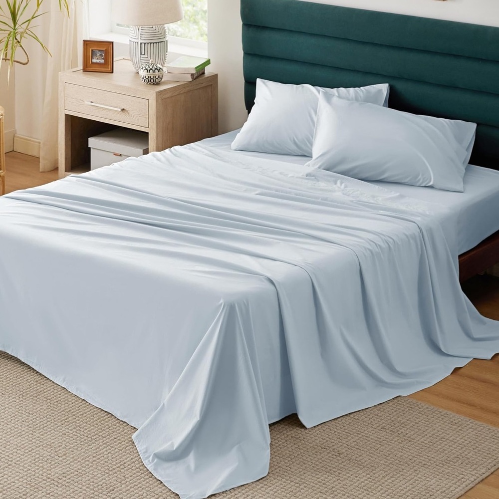 Bedsure 4Pc King Size Sky Blue 100% Cotton Percale Weave Sheet Set